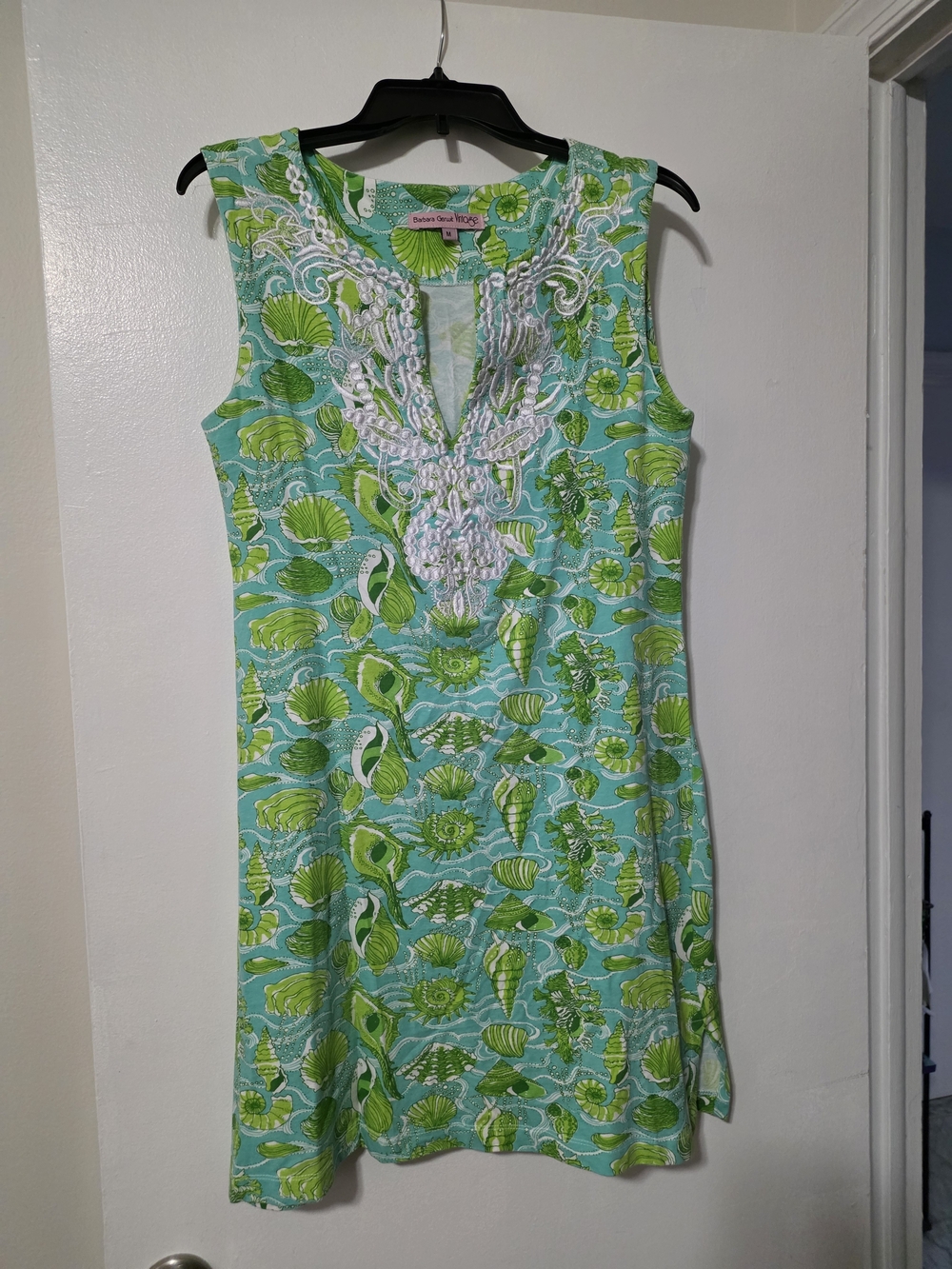 Sleeveless Green & Turquoise Embroidered Beach-Print Dress